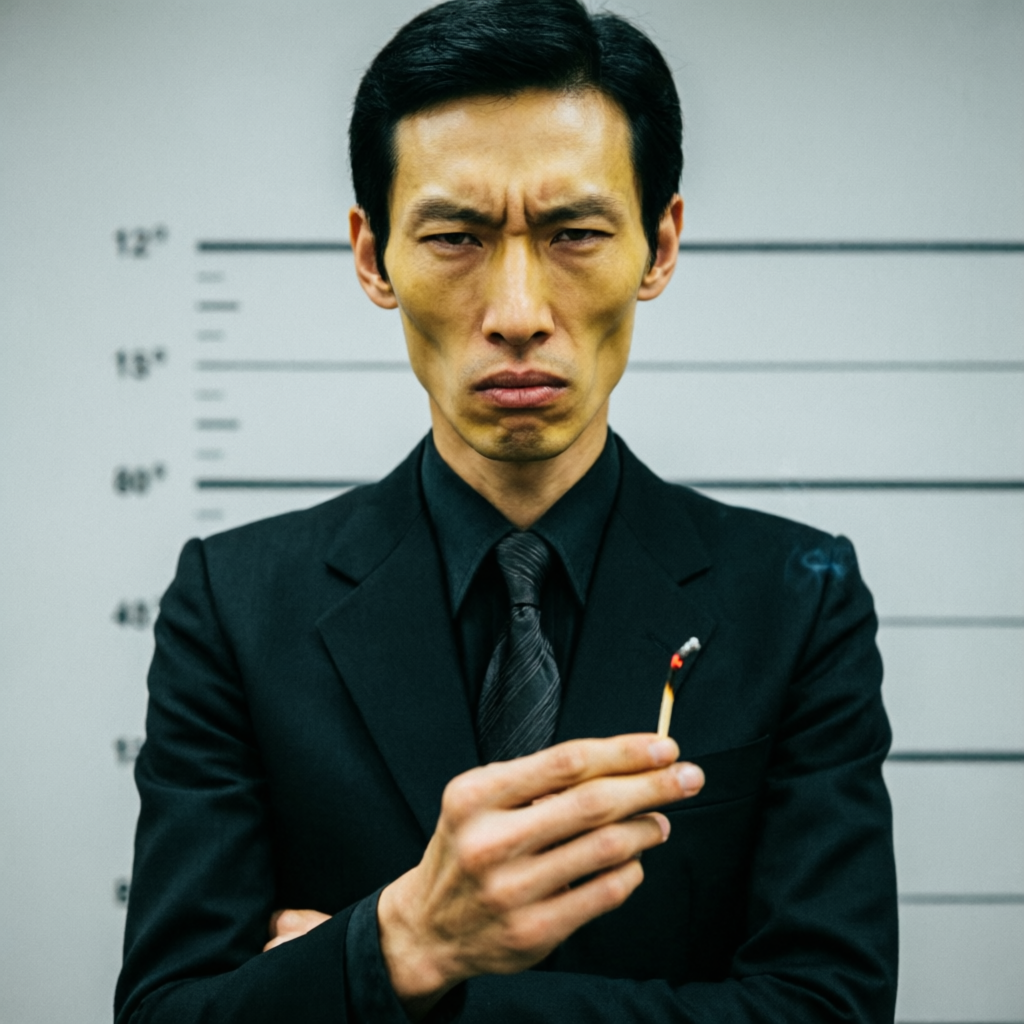 Mugshot of Stick, a thin man in a skinny suit holding a burnt matchstick