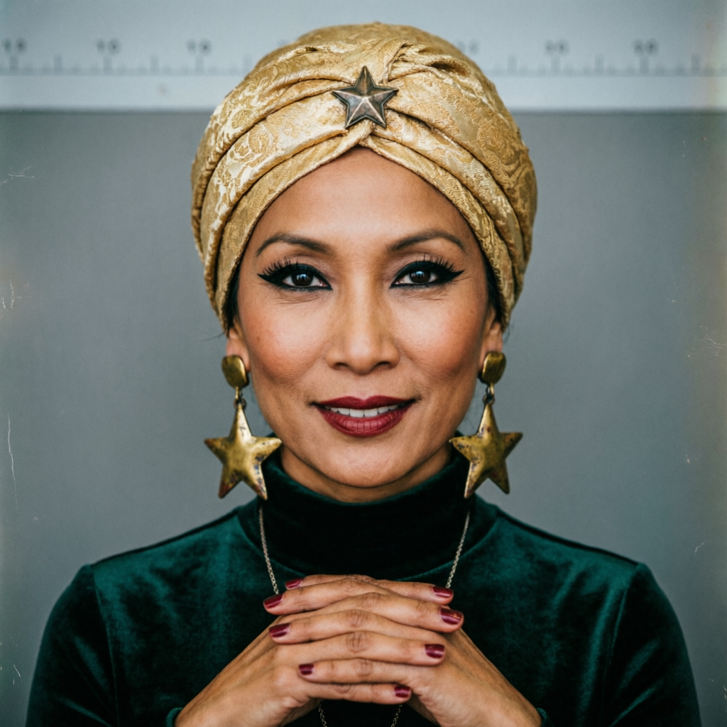Mugshot of Madame Orbit, a glamorous fortune teller in a gold turban