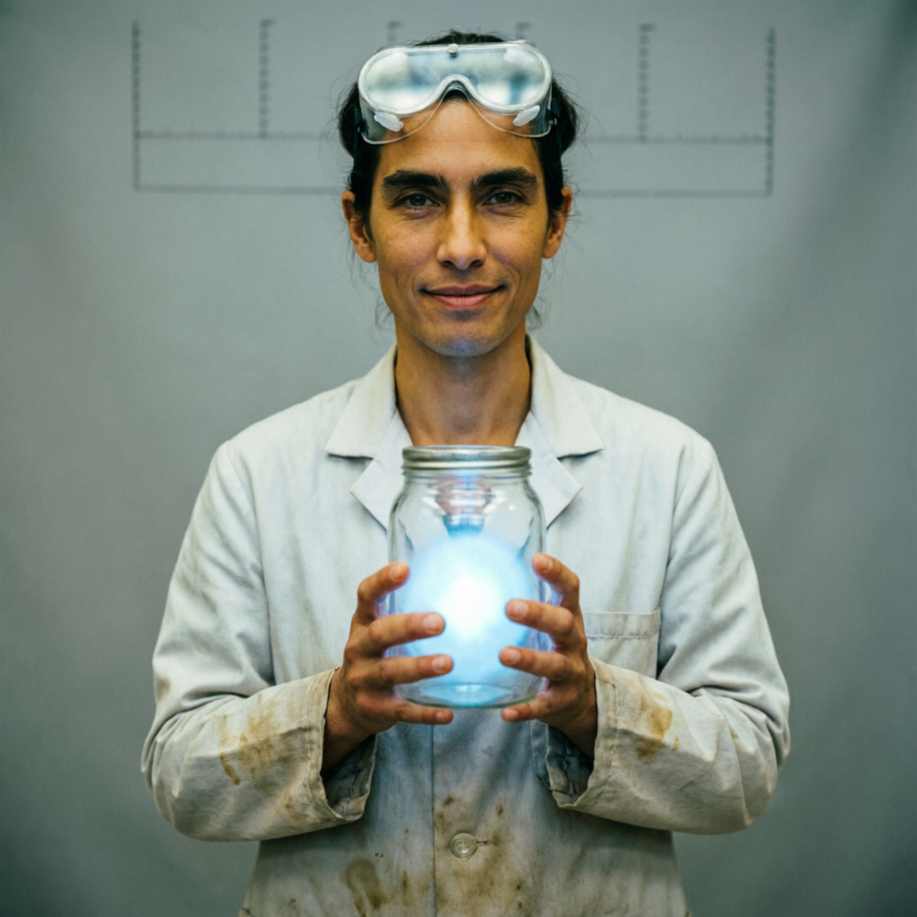 Mugshot of Dr. Corpus, a scientist in a stained lab coat holding a glowing jar