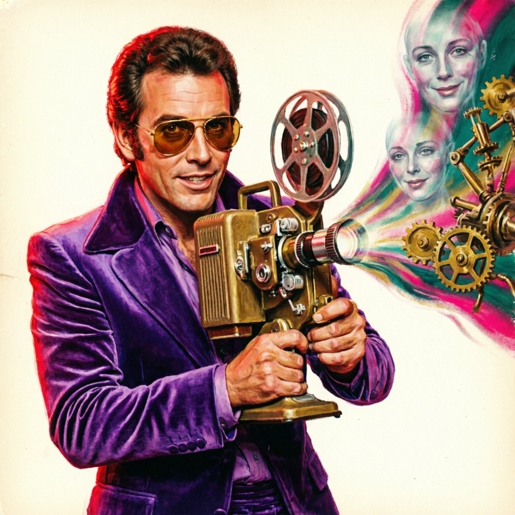 Hodge Mann, showman of the machine, in a velvet suit and tinted aviators, holding a vintage projector that throws a Technicolor dream of faces and gears