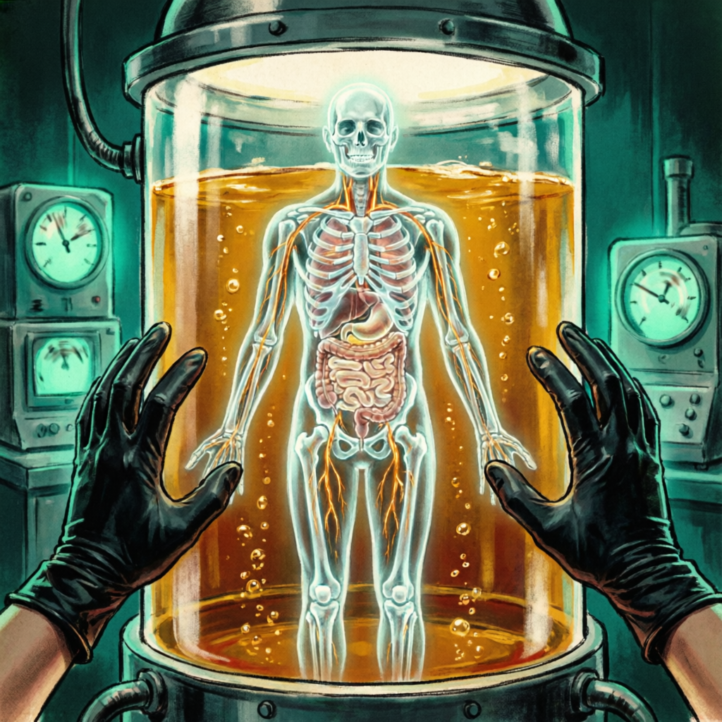 Corpus Lab — a glowing anatomical figure suspended in a laboratory tank