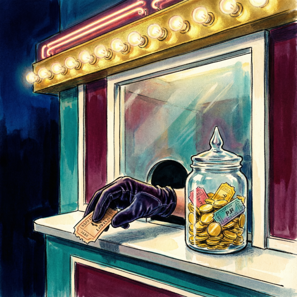 A cinema box-office window at night with a tip jar full of coins and a gloved hand passing a ticket