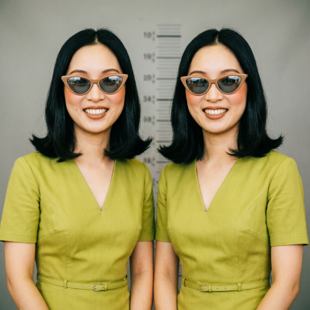 Mugshot of the Melon Twins, identical sisters in matching sunglasses