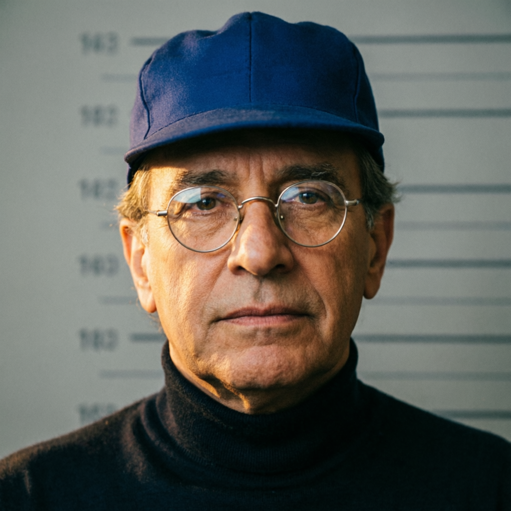Mugshot of the Projectionist, an older man in a booth cap and round glasses