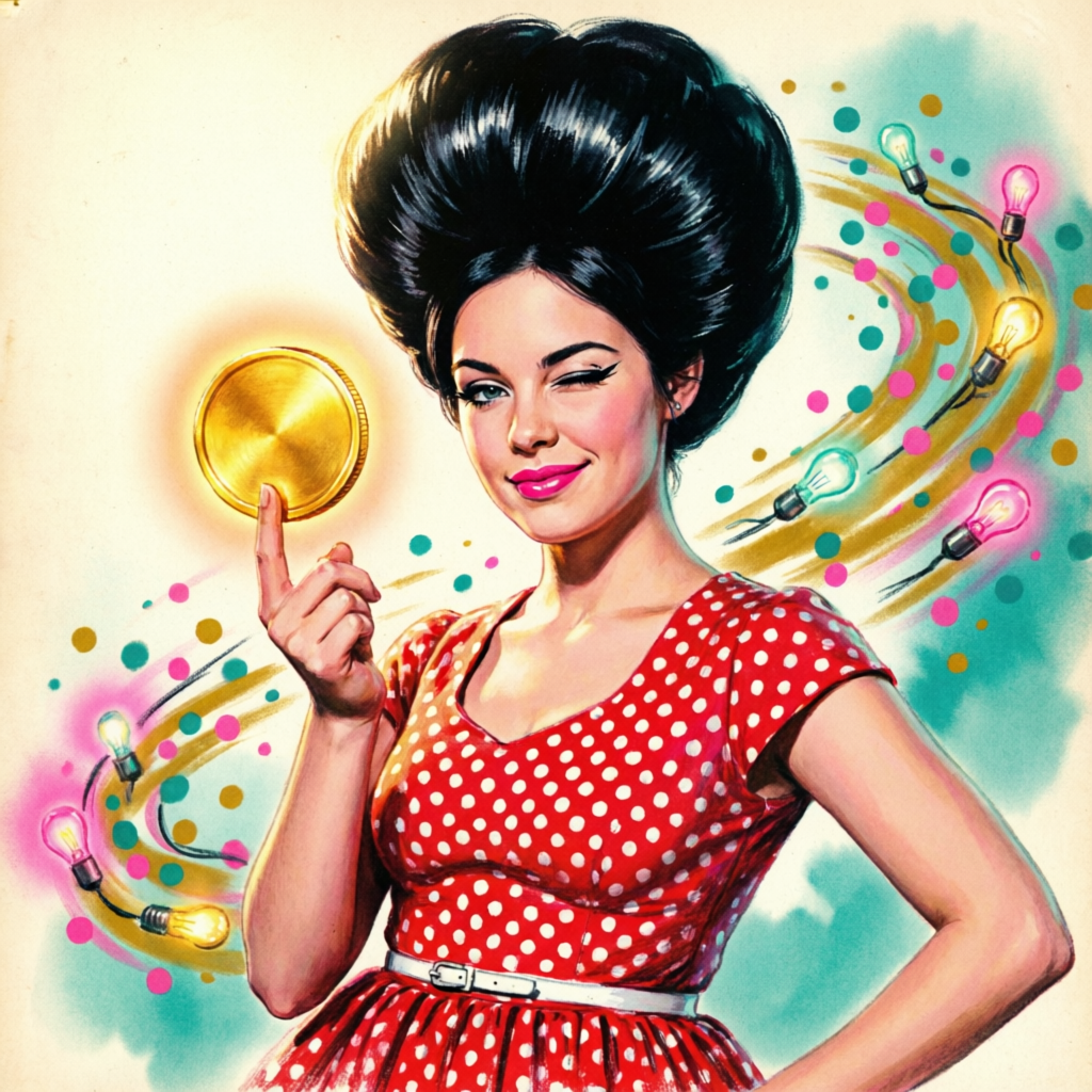 Dot's — a winking beehive-haired girl balancing a glowing golden dot