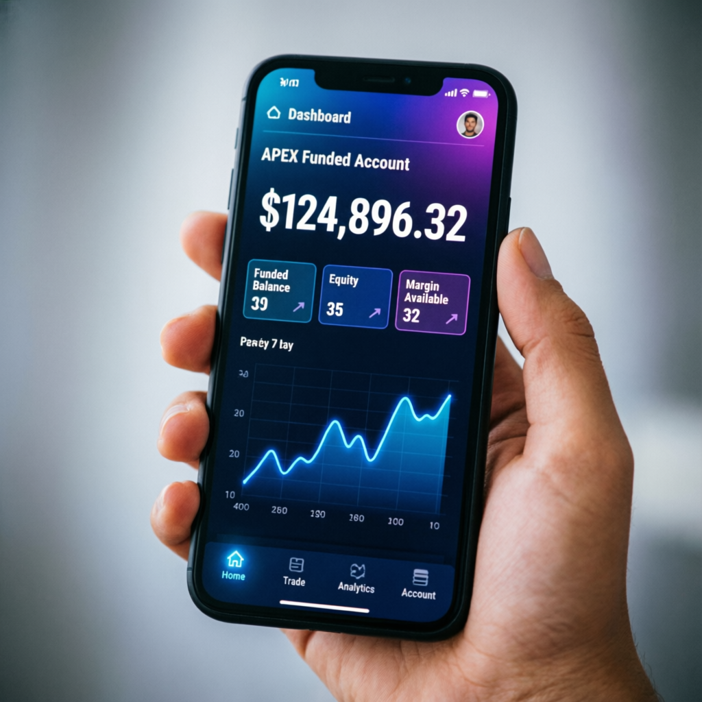 Mobile trading app showing Apex funded account dashboard with balance equity and margin available