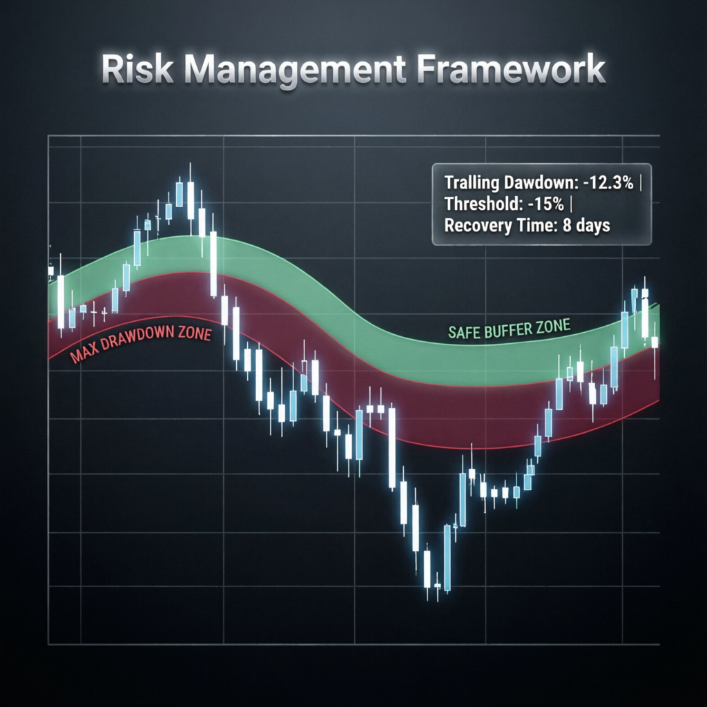 Risk management framework showing trailing drawdown zones and safe buffer zones on a trading chart