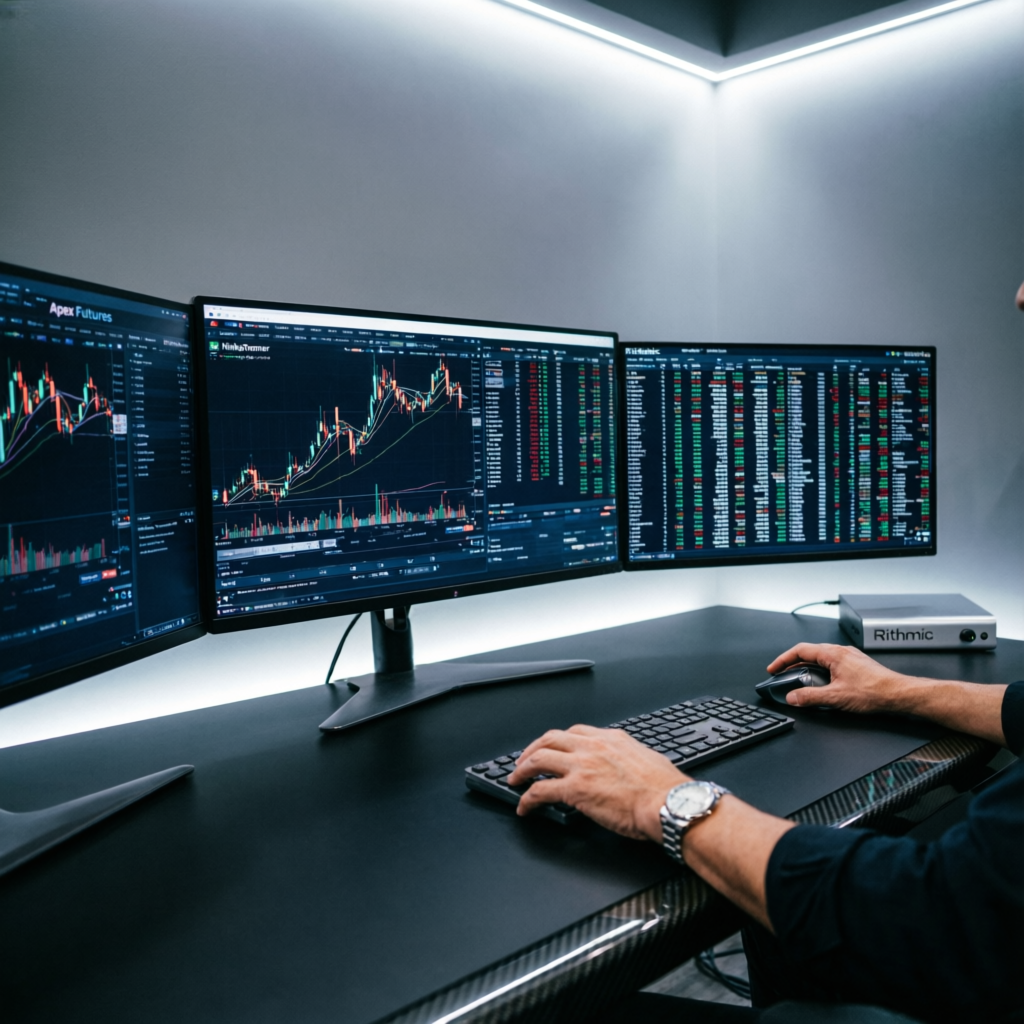 Professional futures trading workspace with Apex Futures, NinjaTrader and Rithmic platforms on multiple monitors