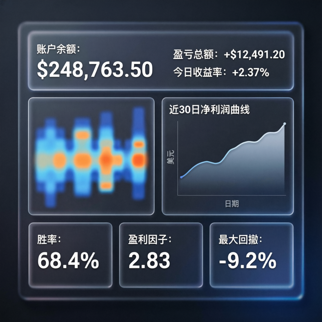 Modern trading dashboard showing account balance, profit curve, win rate and profit factor statistics