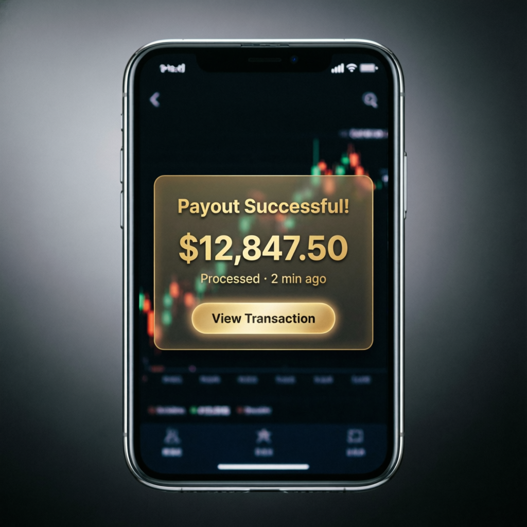 Mobile phone showing successful payout notification of $12,847.50 processed from Apex funded account
