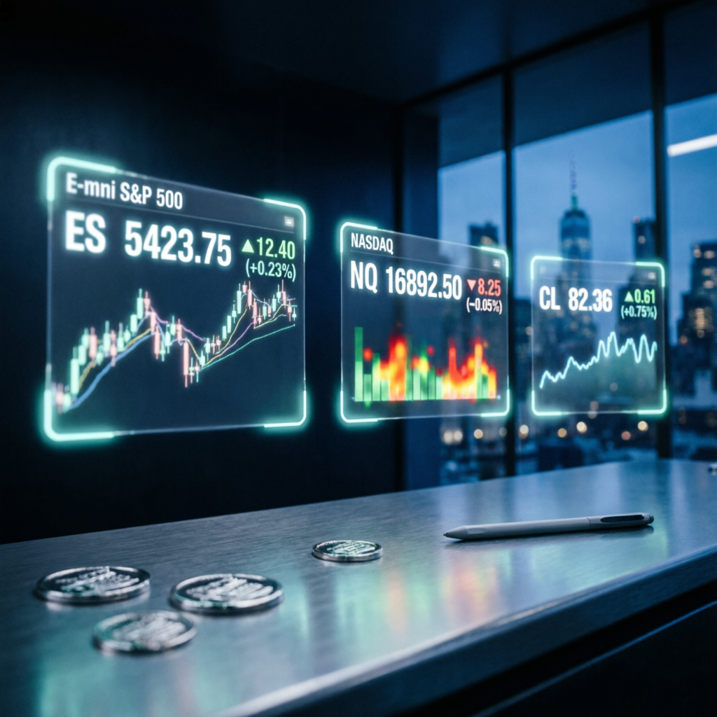 Futures trading visualization showing E-mini S&P 500 NASDAQ and crude oil contracts with holographic displays