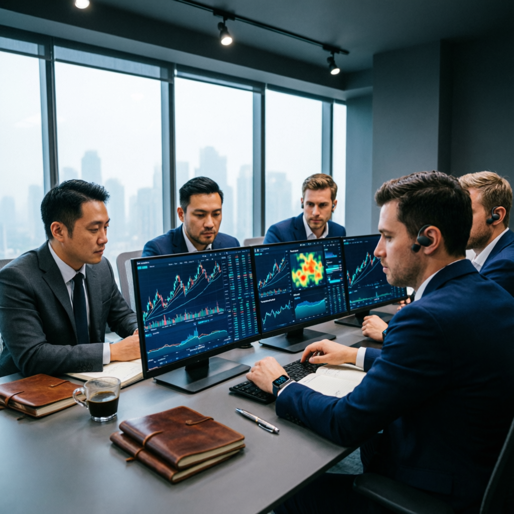 Professional team of forex account managers analyzing trading data and prop firm evaluation results