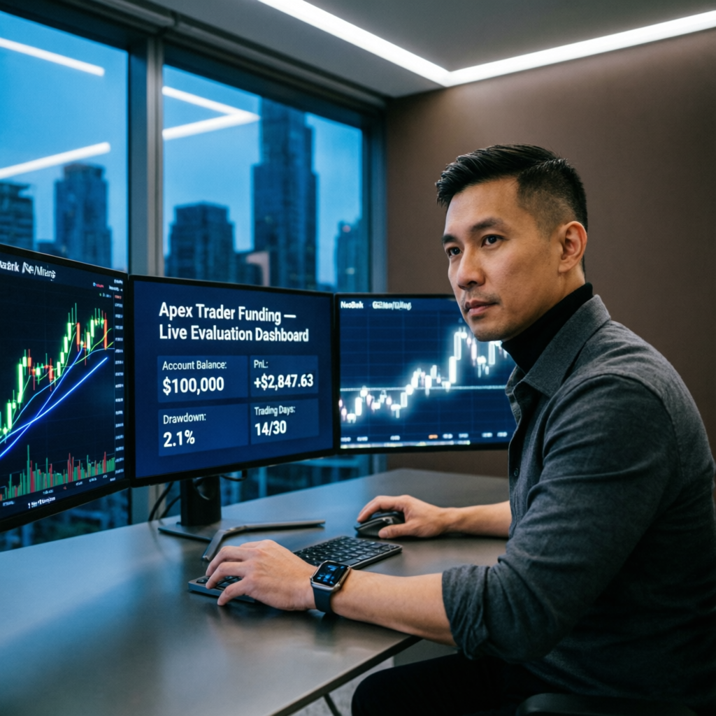 Professional Apex Trader Funding evaluation dashboard showing live account balance and trading statistics