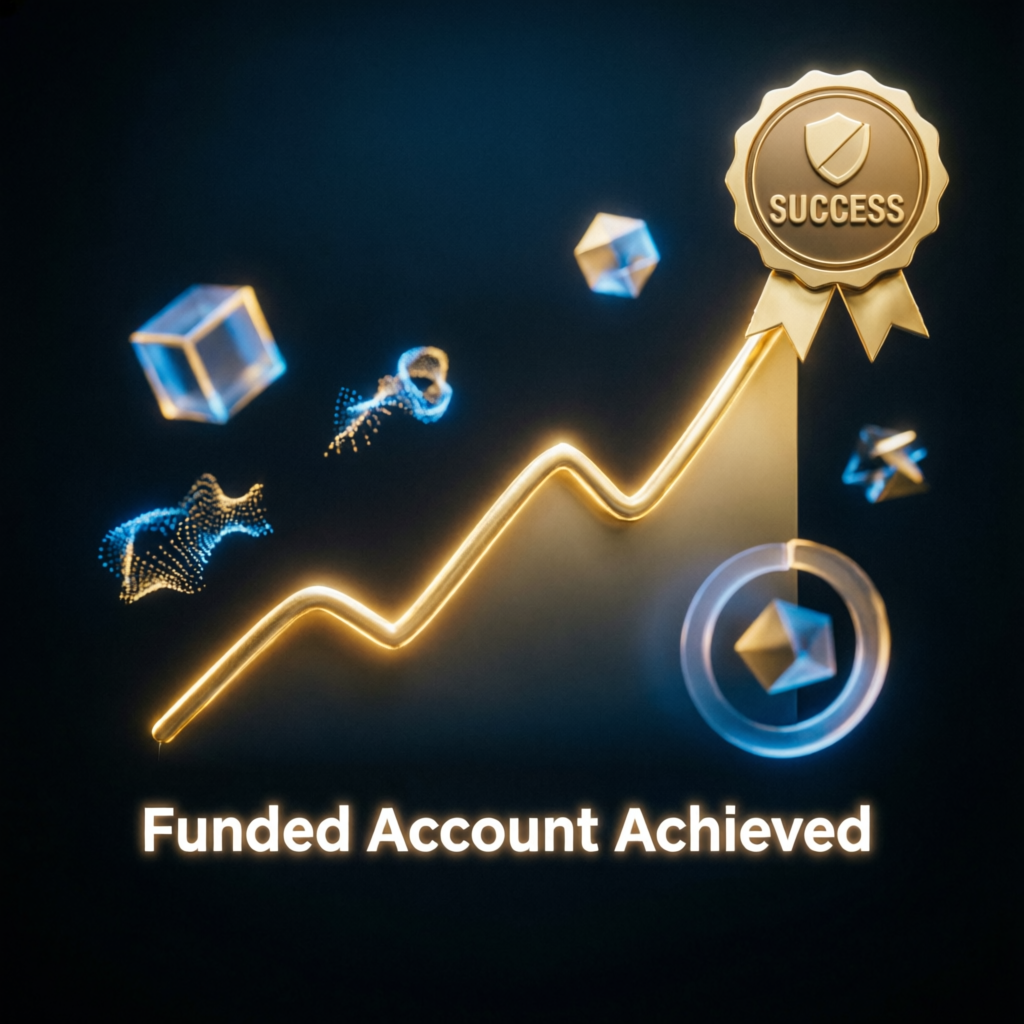 Funded account success achievement visualization with golden upward trending profit graph and success badge