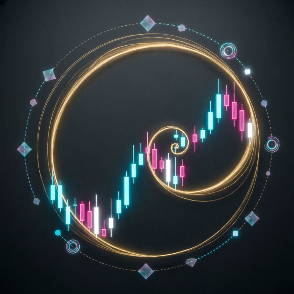 Abstract visualization of trade frequency and consistency rule with fibonacci spiral and trading candles