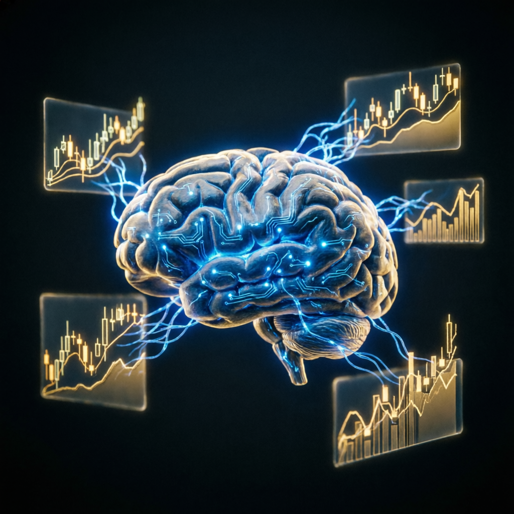 Trading psychology visualization showing brain connected to multiple trading charts and candlestick patterns