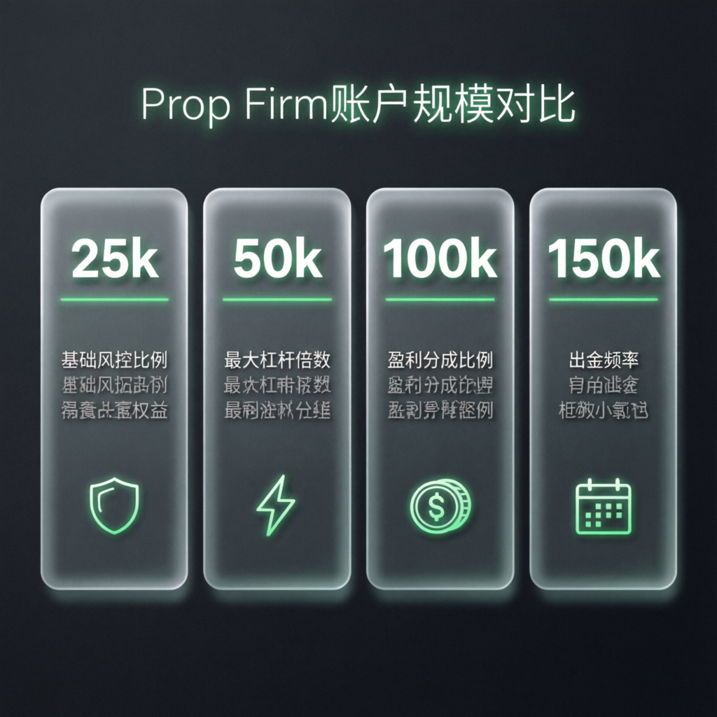 Prop firm account size comparison showing 25k 50k 100k and 150k account options with risk metrics