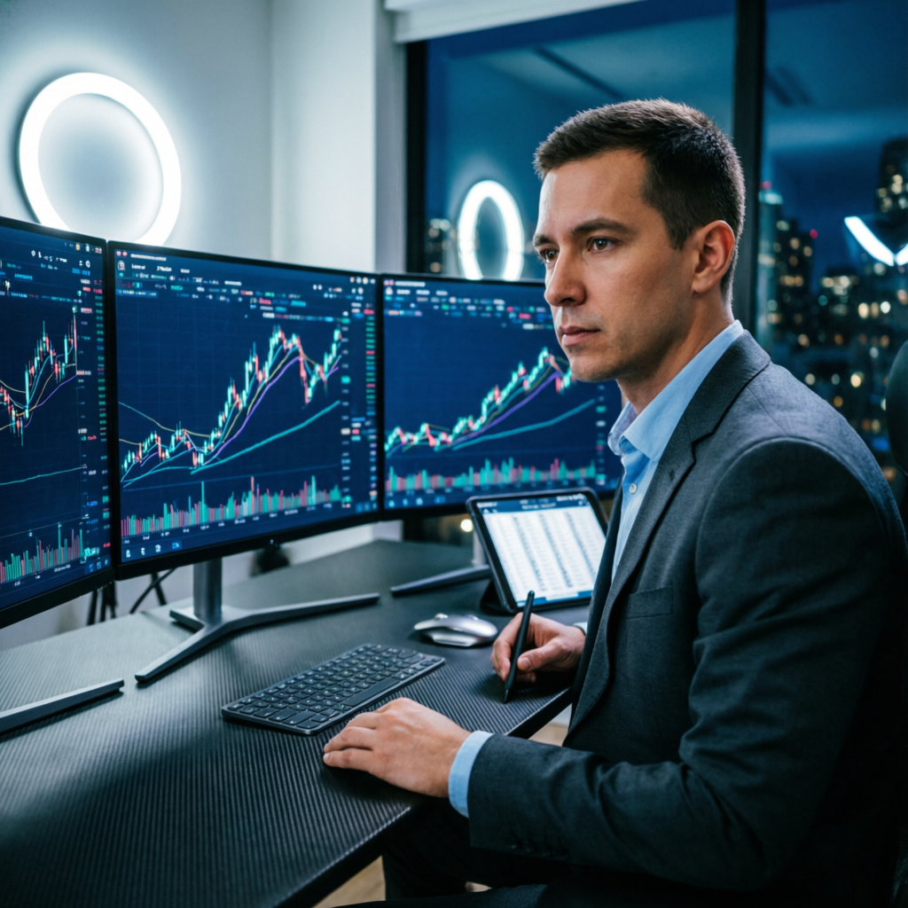 Professional forex trader analyzing financial charts for prop firm passing service