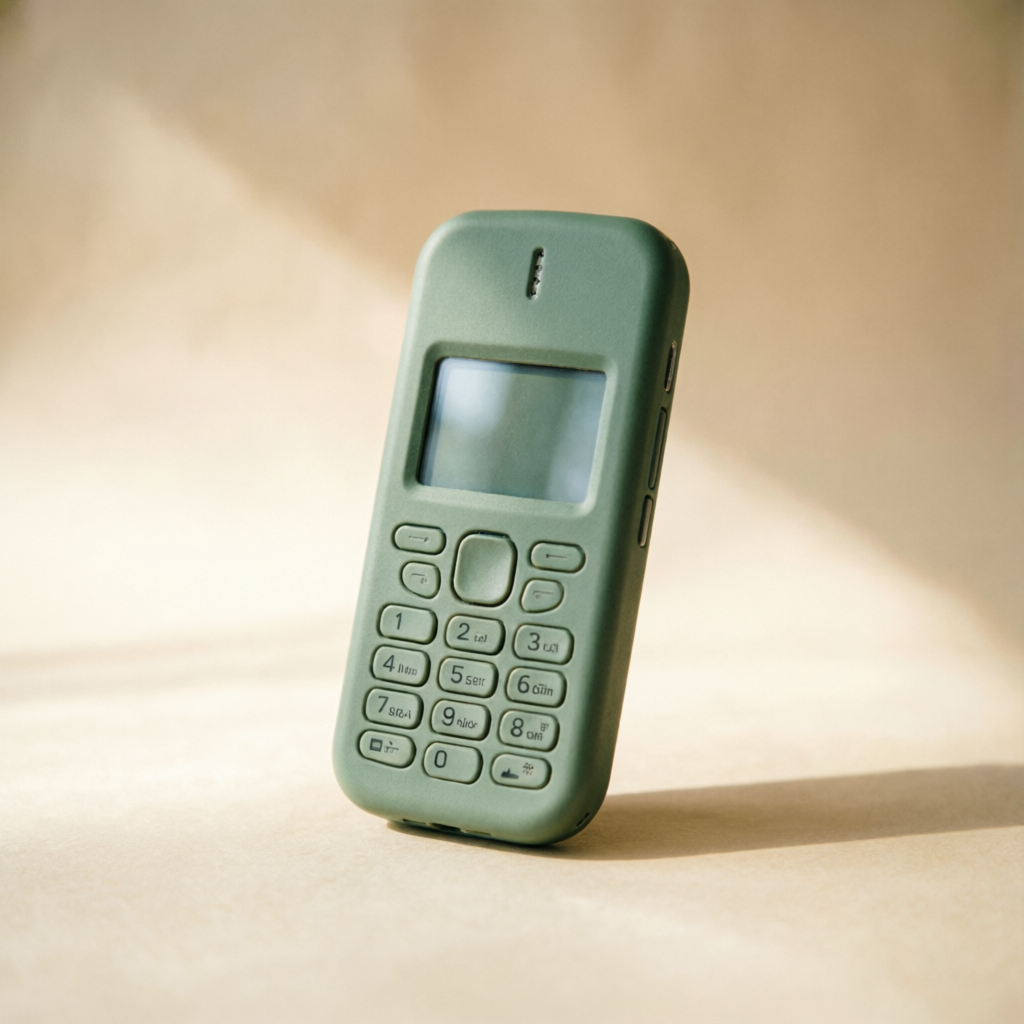 Celular básico verde com teclado físico apoiado sobre um fundo creme, transmitindo simplicidade