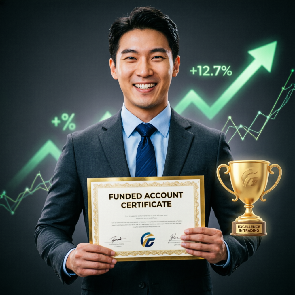Trader holding funded account certificate with trophy and profit chart indicators