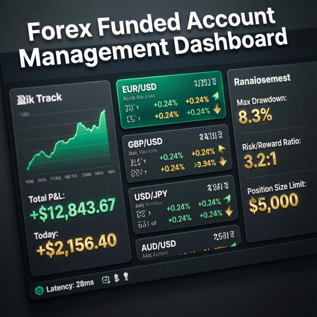 Forex funded account management dashboard showing profit tracking and risk metrics