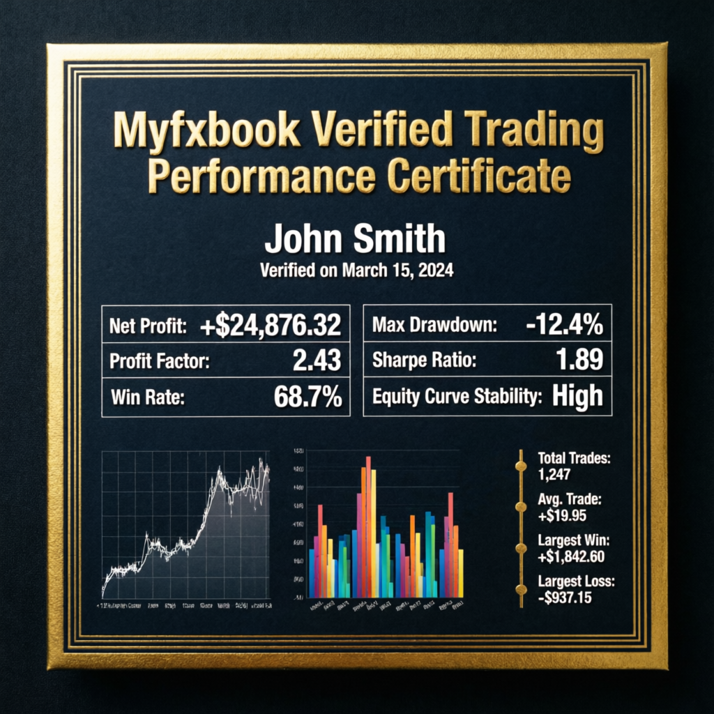 Myfxbook verified trading performance certificate with profit statistics and risk metrics