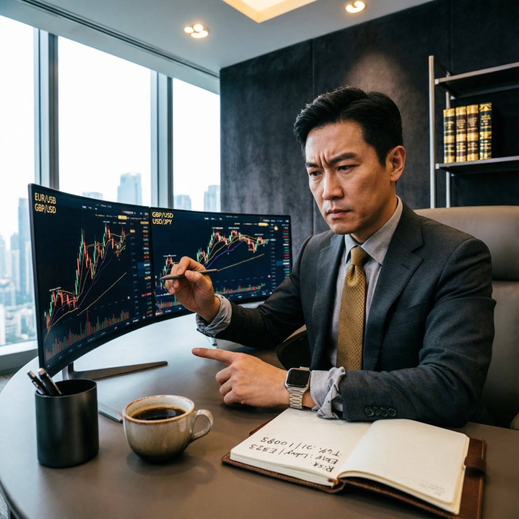 Professional trader analyzing forex strategy charts on multiple monitors in modern office