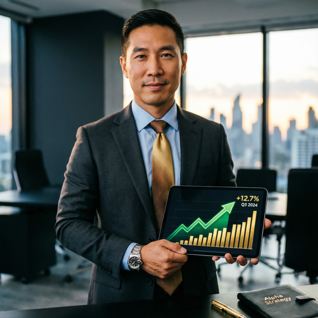 Professional financial authority concept showing trader with profit charts and success indicators