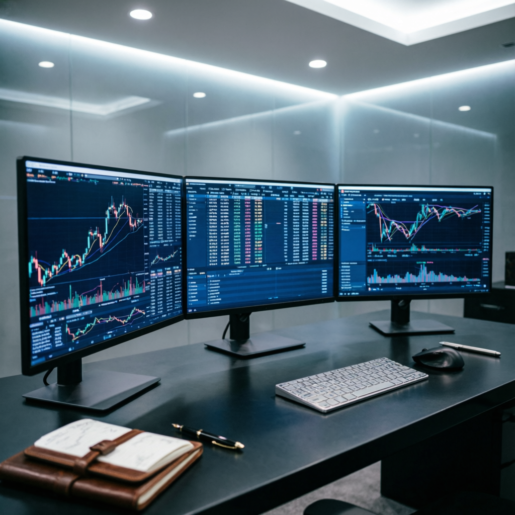 Professional forex trading setup with multiple monitors displaying charts and trading software