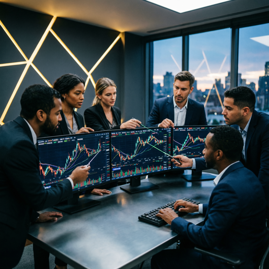Professional trading team collaboration analyzing forex charts in modern dark office