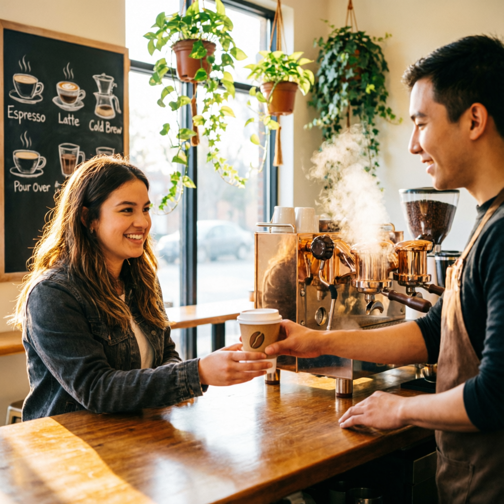 Cafetería del club con cliente recibiendo café gratis
