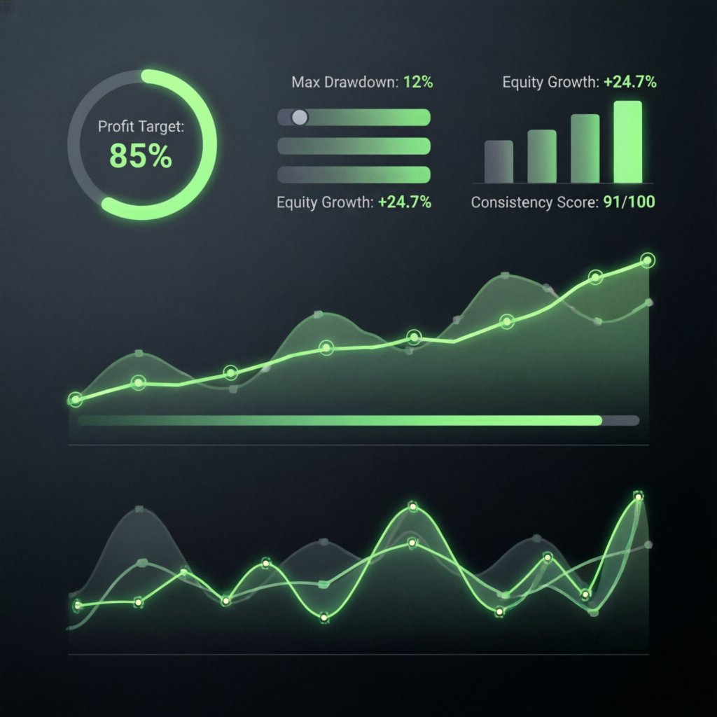 Financial dashboard showing prop firm trading metrics, profit targets, drawdown levels and funded account growth charts