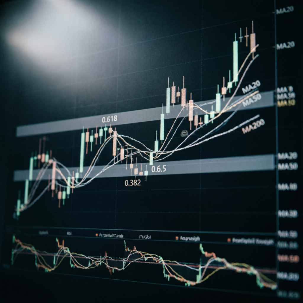Strategic trading analysis with technical indicators, Fibonacci levels and candlestick patterns on professional trading chart