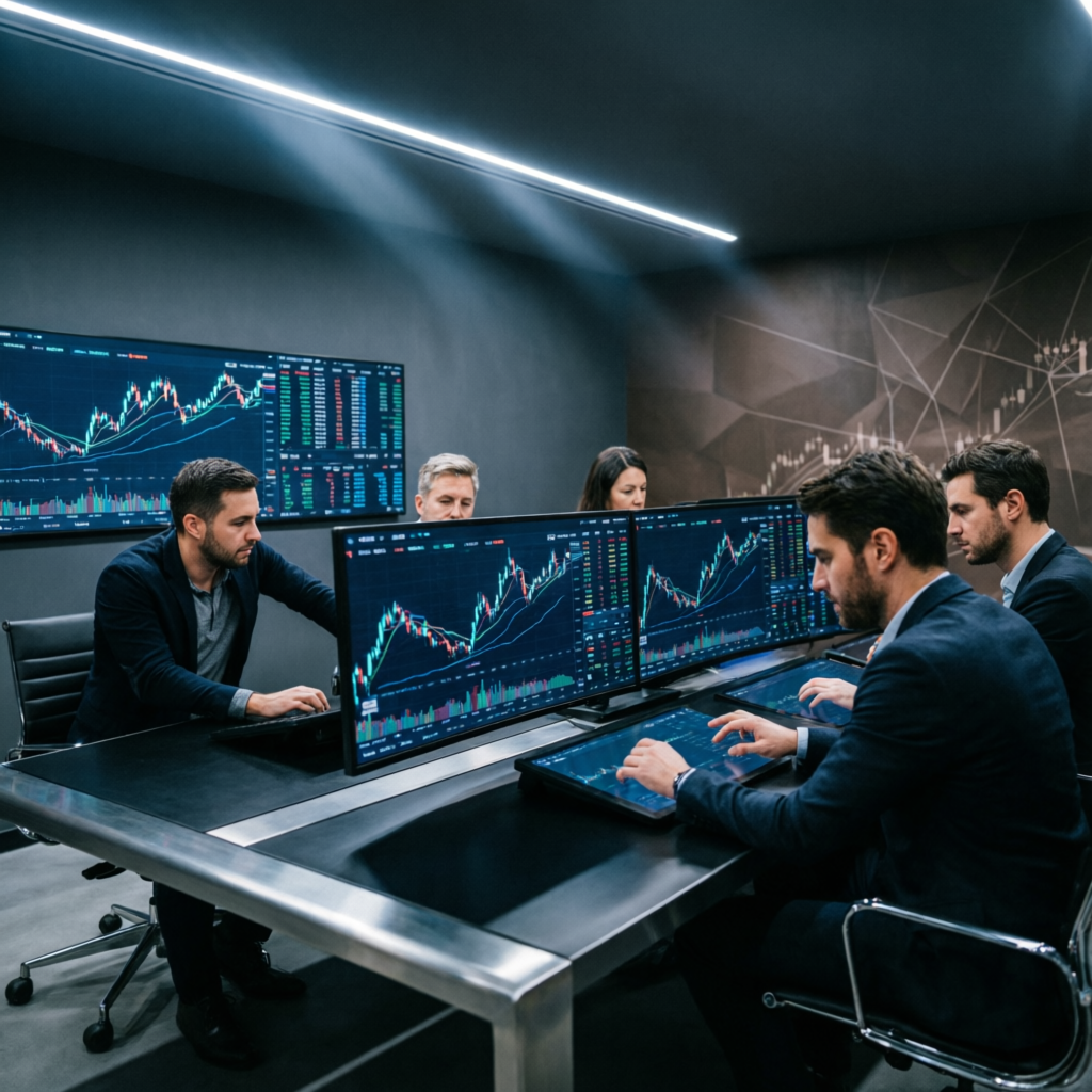 Professional prop trading team in modern dark-themed trading room analyzing forex markets on multiple screens