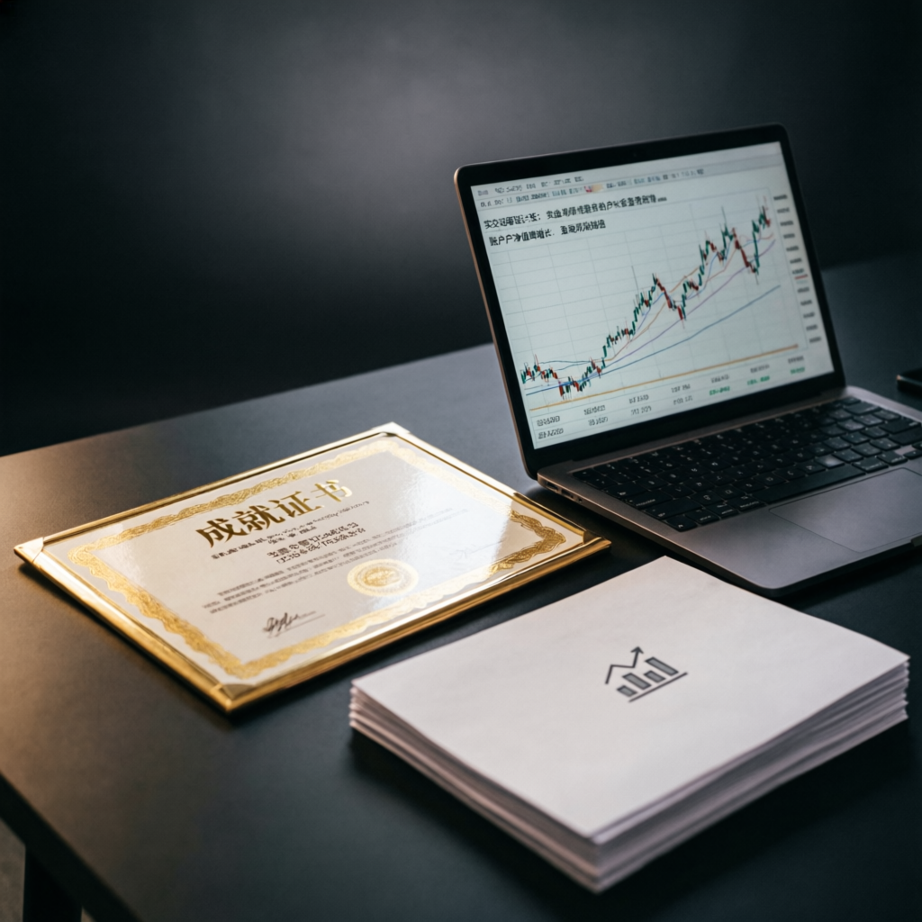 Funded trading account success certificate with verified trading results on laptop showing profitable chart