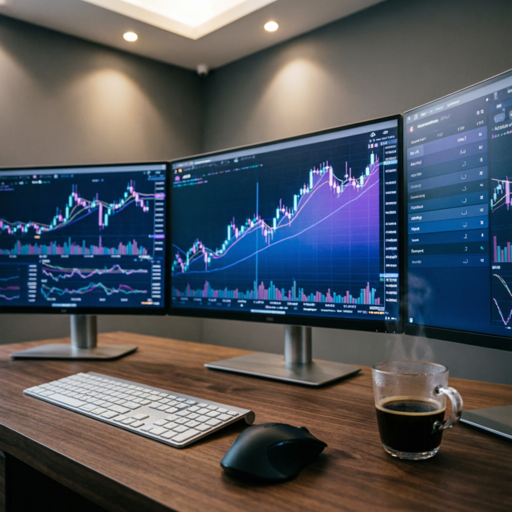 Professional forex trading setup with multiple monitors showing prop firm trading charts and funded account dashboards
