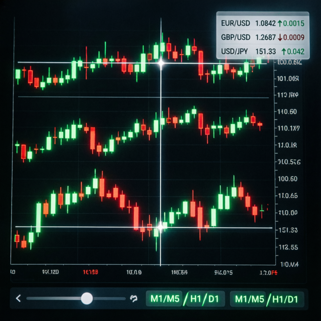 Live forex market chart with currency pairs and candlestick analysis
