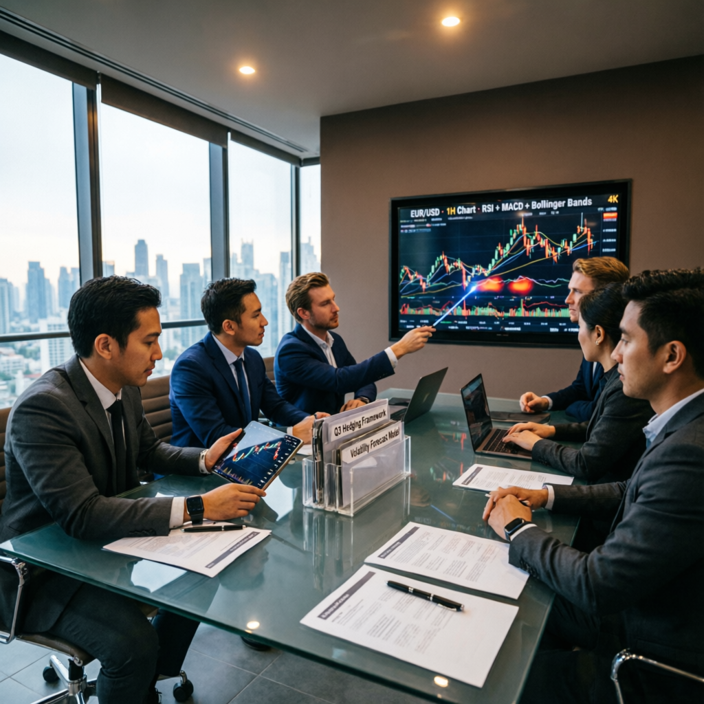 Team of professional forex analysts reviewing trading strategies in modern office