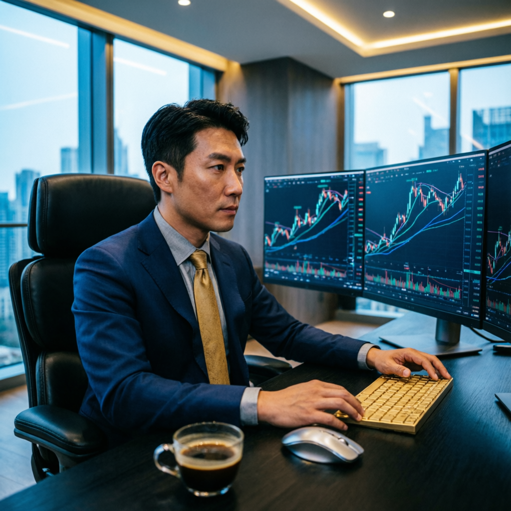 Professional forex trader analyzing live trading charts on multiple monitors