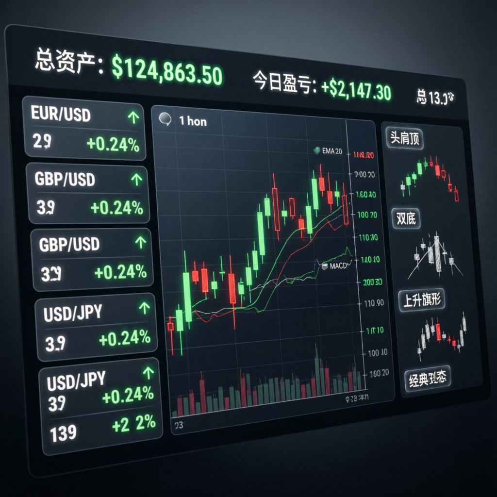 Advanced trading dashboard showing forex pairs and profit charts