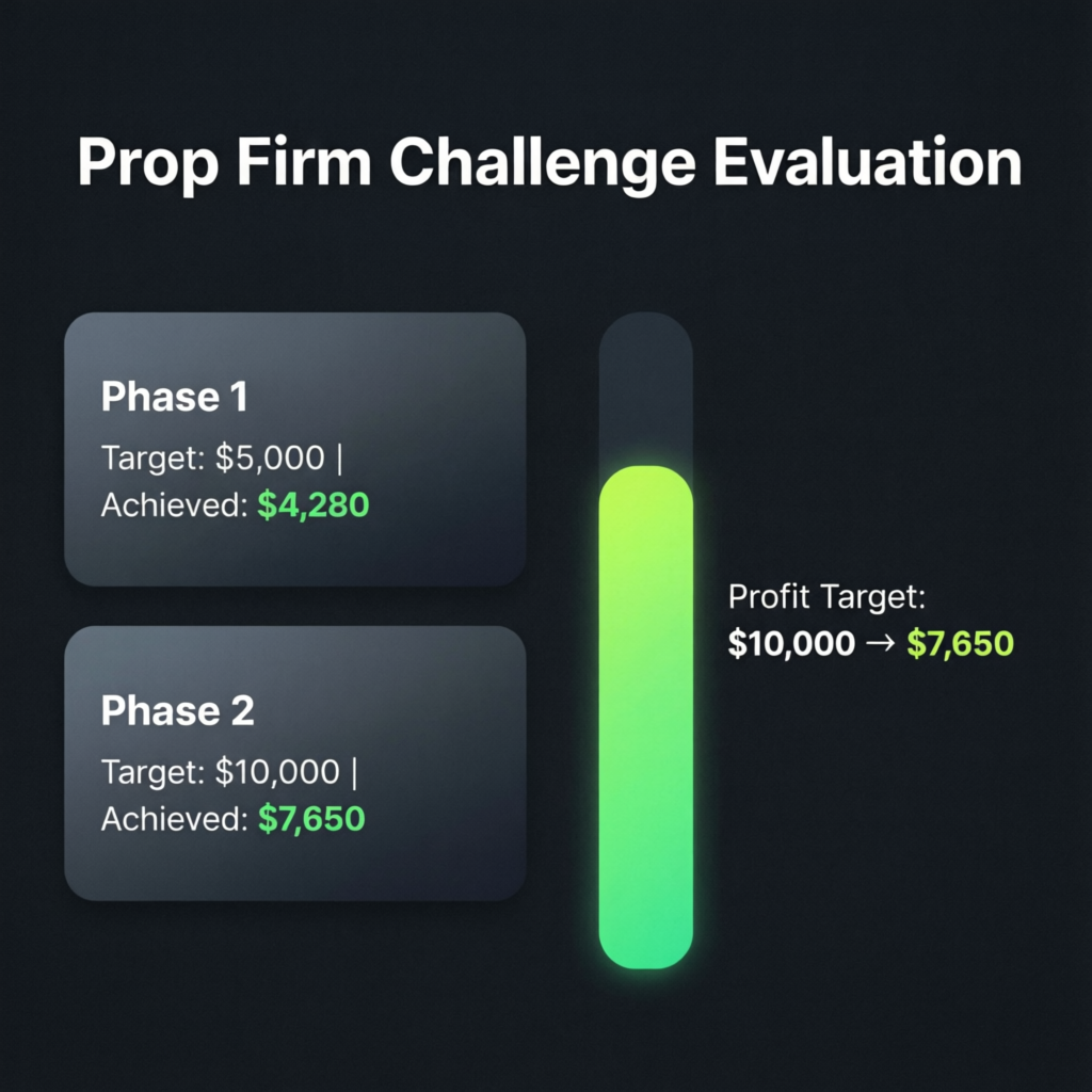 Prop firm challenge evaluation showing phase 1 and phase 2 profit targets