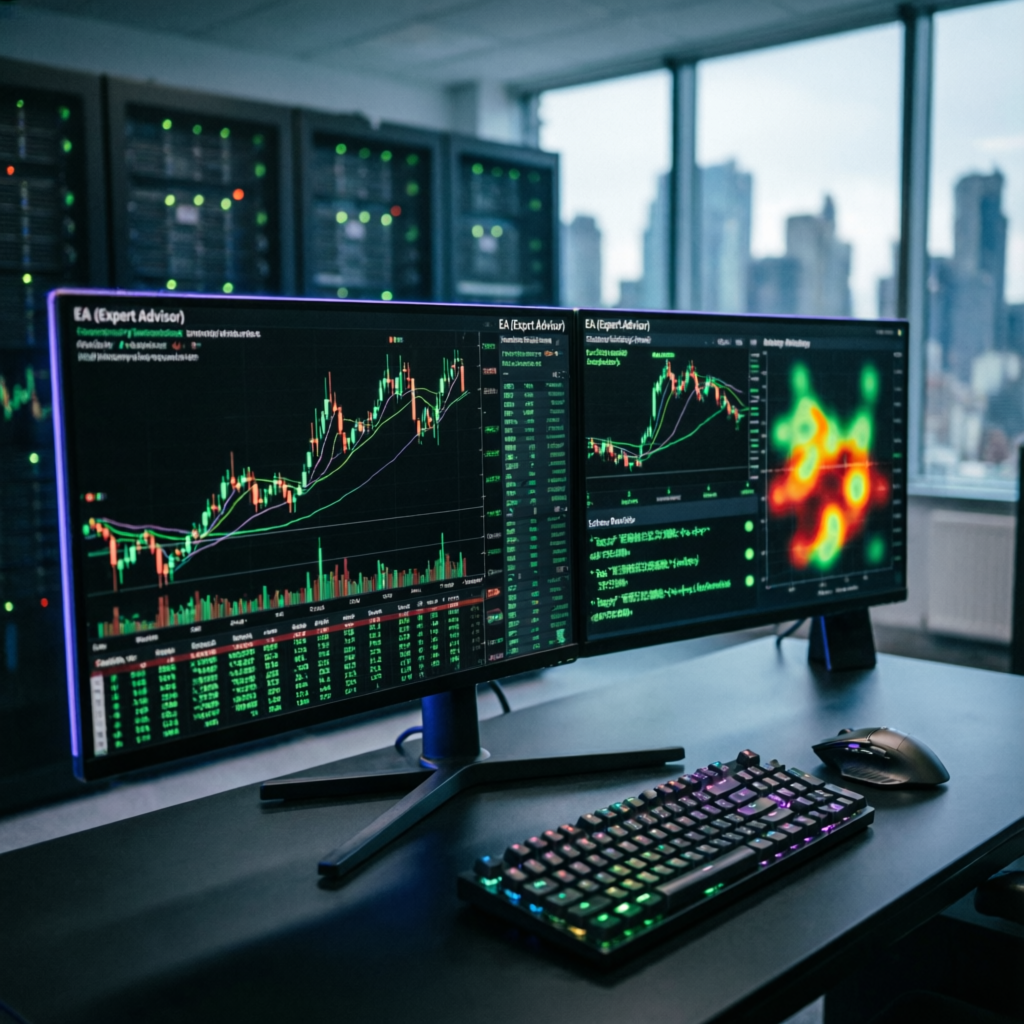 Algorithmic trading setup with Expert Advisor screens and automated trading interface