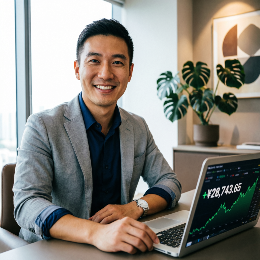 Happy client testimonial with laptop showing trading profits