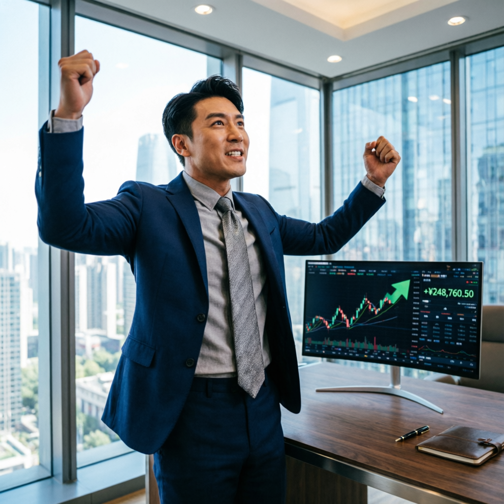 Professional trader celebrating success with profitable trading screen
