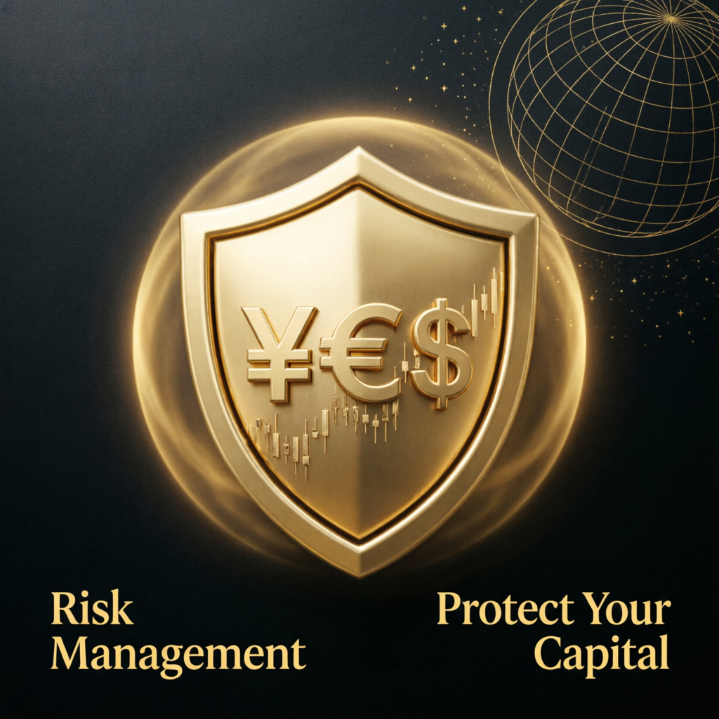 Risk management shield protecting trading capital with gold accents