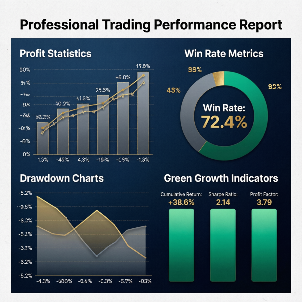 Professional trading performance report with profit statistics and win rate metrics