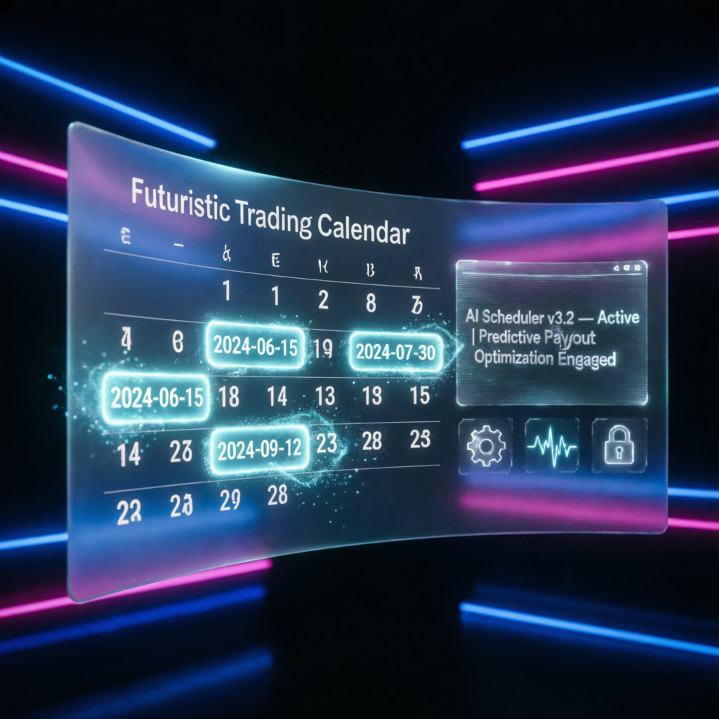 Futuristic Trading Calendar with Payout Schedule Dates Highlighted