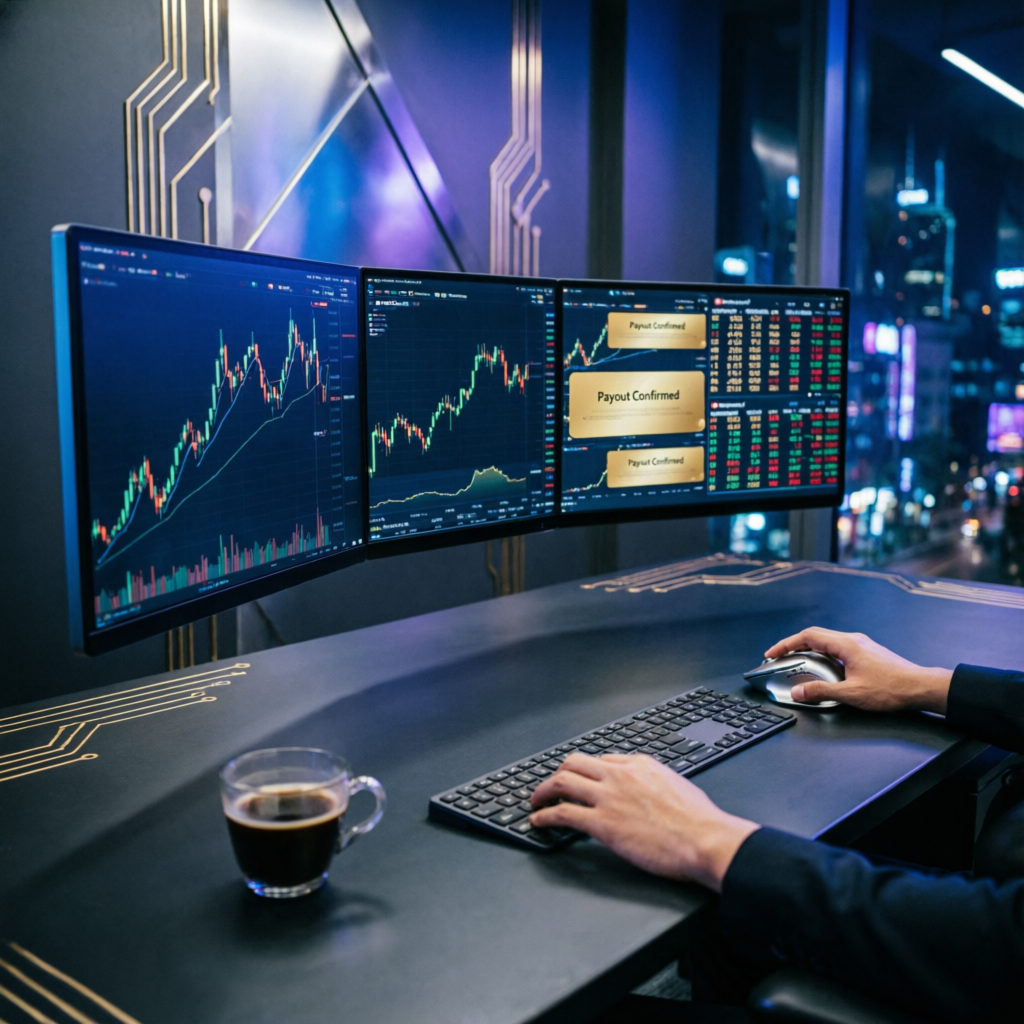 Professional Trader Reviewing Payout Confirmations on Multiple Screens