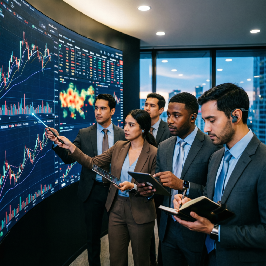Professional team of forex analysts reviewing Apex Trader Funding charts and strategies