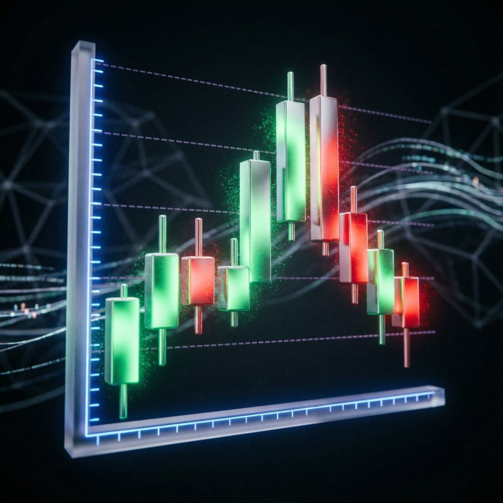 3D candlestick chart showing trading strategies for passing Apex Trader Funding evaluation
